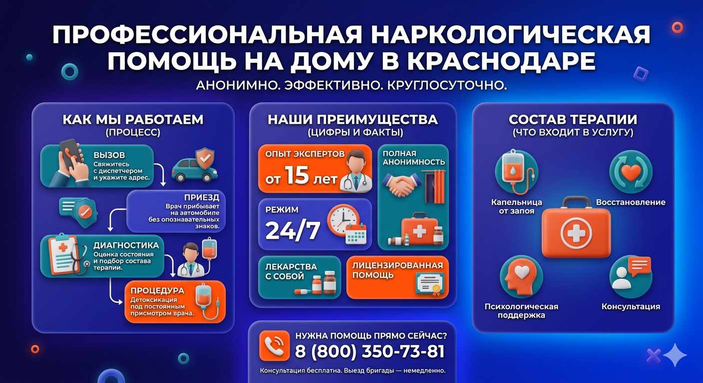 Инфографика о принципах лечения алкоголизма на дому в Алчевске: этапы вызова нарколога, преимущества анонимной детоксикации и состав медицинской помощи.